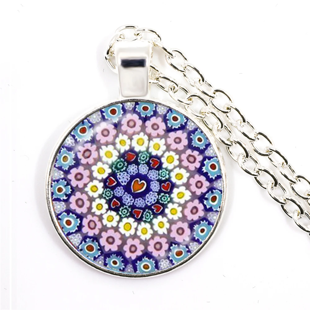 Murano Millefiori Pendant Necklace MultiColour Flower 25mm Glass Cabochon Necklace Jewelry For Women Men Gift Wholesale