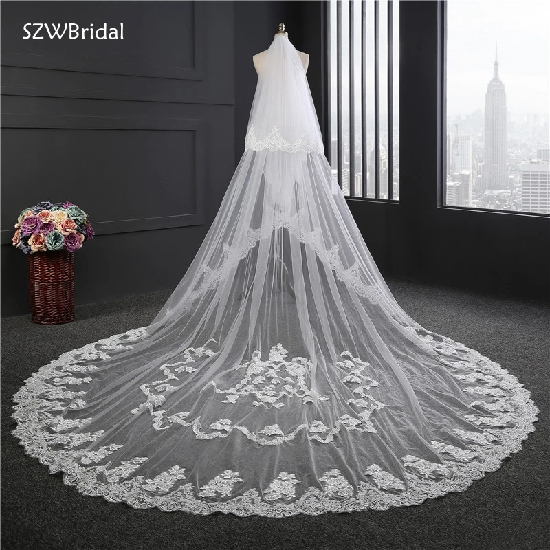 New Arrival 3.5 Meter Lace Applique Wedding Veils Two-Layer Wedding Accesorios Bridal Headwear Novia Velos Welon Velos de Novia