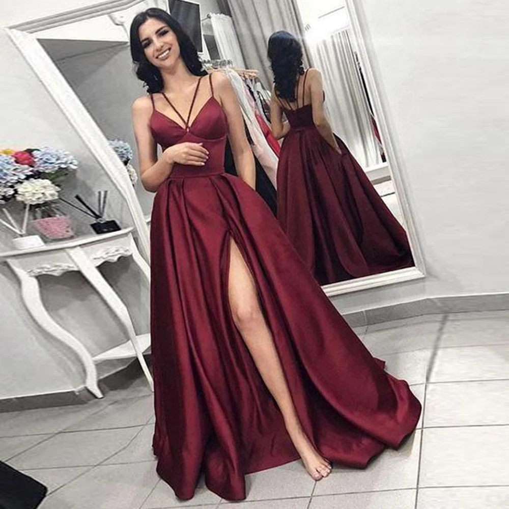 

Angelsbridep Simple A-line Satin Evening Dresses 2021 Spaghetti Straps Side Slit Pleats Long Prom Gowns Formal Party Dress