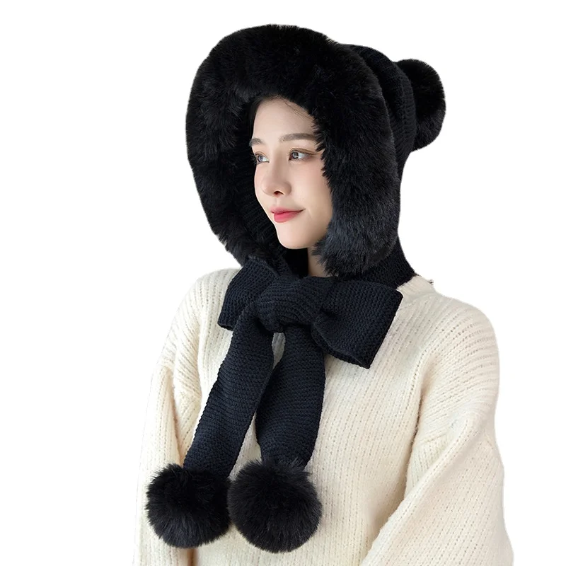 

2021 Russian Knitted Scarf One-piece Cap Bib Two-piece Ear Protection Windproof Female Autumn and Winter Cute Hat