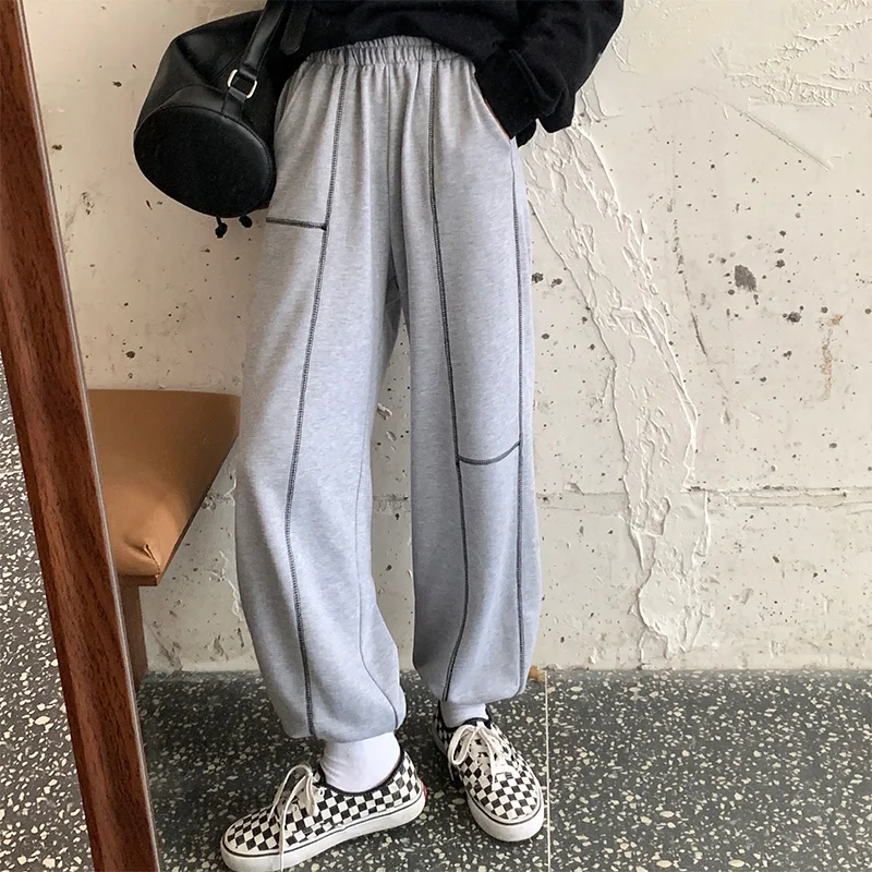 Casual Pants Women Tie Feet Running Tooling Trousers High Waist Loose Korean Style Chic Bright Line Decoration Harem Pant Teens