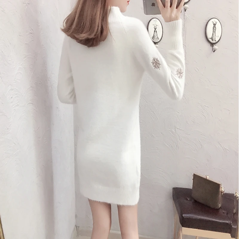 Female Imitation Mink Cashmere Half Turtleneck Sweater, Loose White Dress, Knit Pullover, New Fashion, 2023