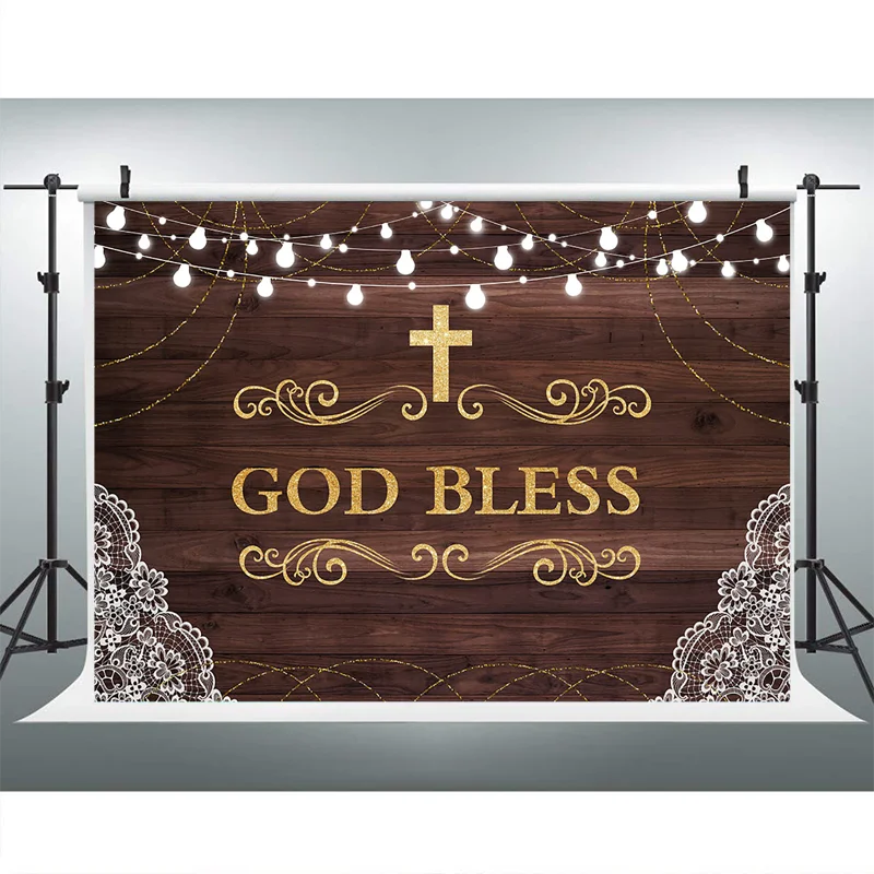 MOCSICKA God Bless Backdrop Rustic Wood  Baby Shower Background First Communion White Flowers Photo Background Banner Supplies