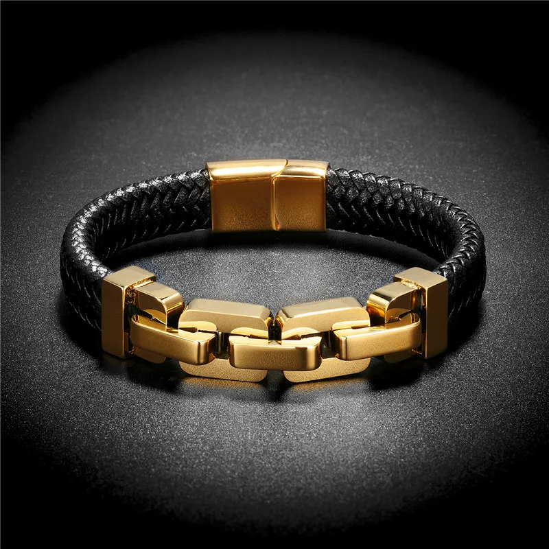 Vintage Oxidized Cool Cuba Chain Wide Leather Bracelets for Men Stainless Steel Punk Antique Cubic Foxtail Chain Male Pulseira