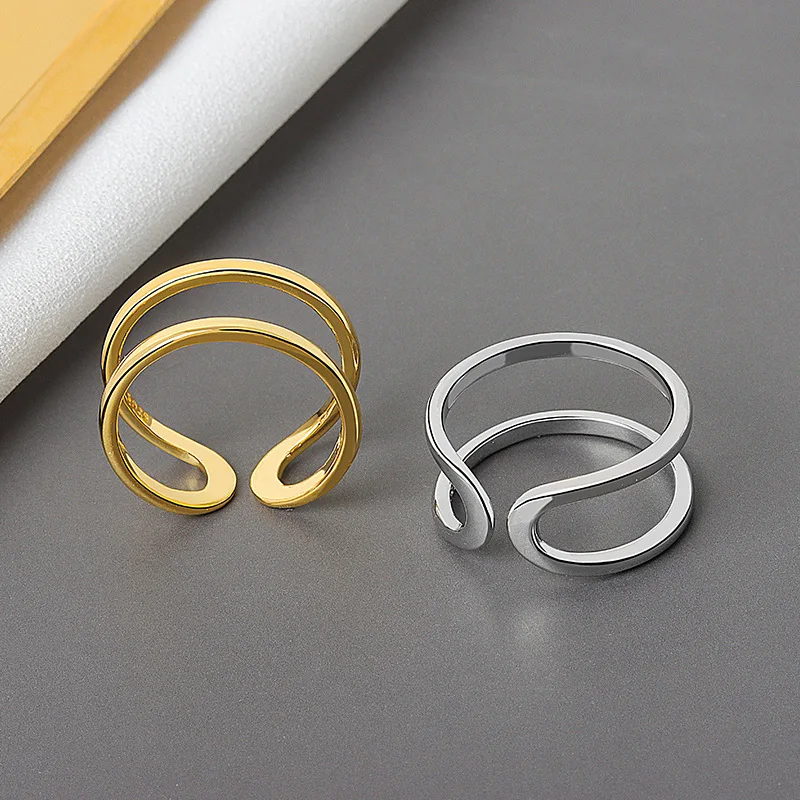 100% 925 Sterling Silver Open Ring for Women INS Minimalist Irregular double lines gold color Jewelry Bijoux Birthday