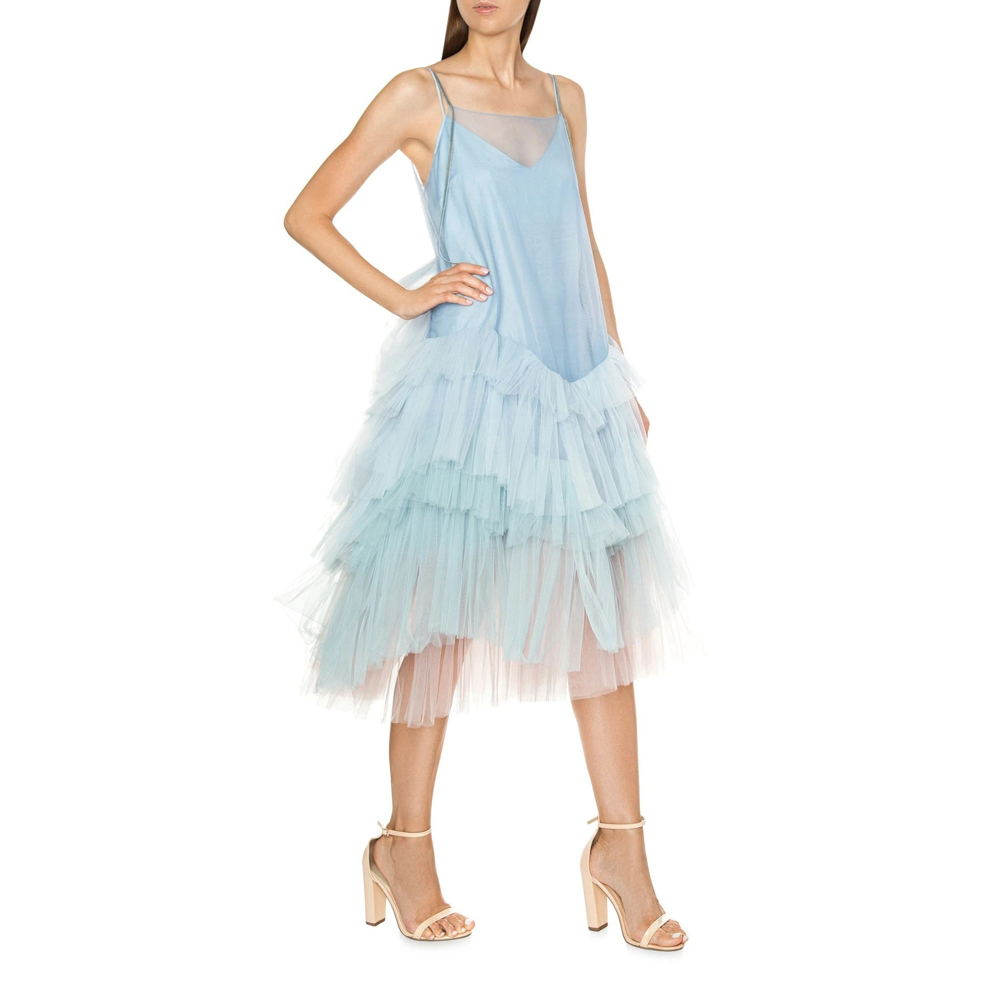 

Sky Blue Elegant Classic Women Dress Thru Layered Tulle Ruffles Strappy Dress Spaghetti Strap Backless Plus Size