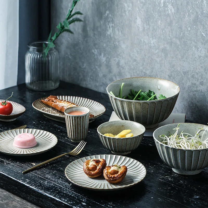 LingAo Japanese Retro Style Tableware Set, Ceramics, Noodles, Bowls, Plates, Plates, Dishes, Cutlery Sets