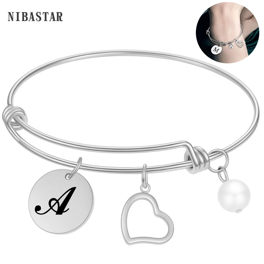 Initial A-Z Stainless Steel Woman Bracelets Adjustable Letter Round Pendant Bracelet&Bangles For Women Jewelry Gifts