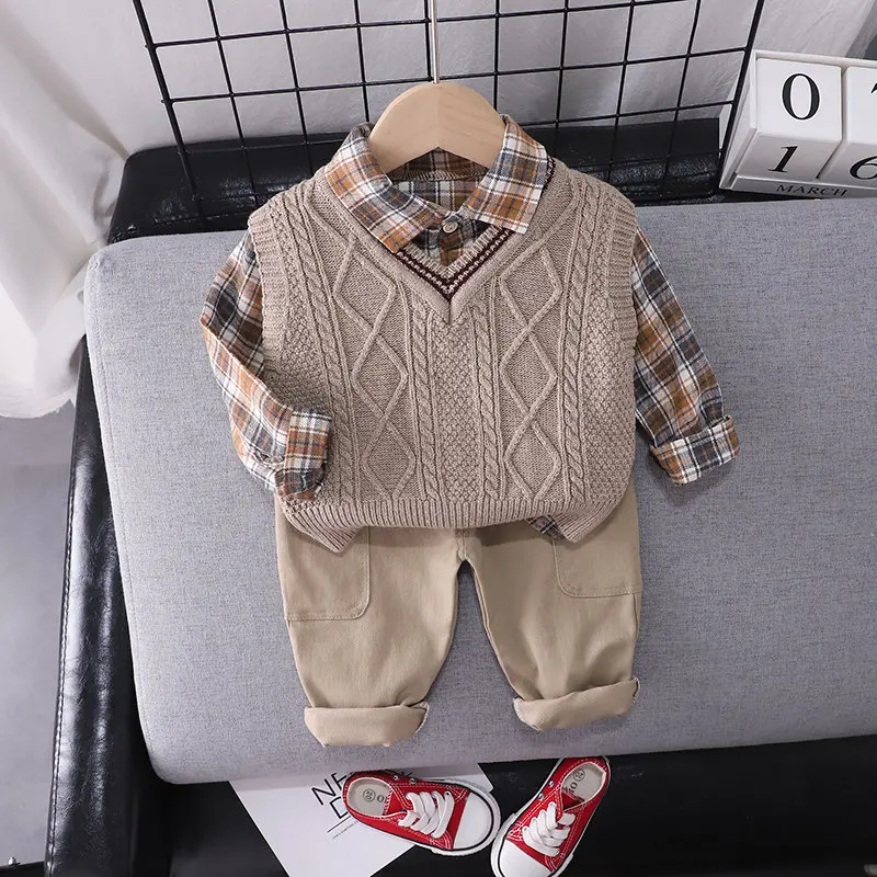 Spring Fashion Kids Cotton Clothes Kids Boys Girls Sweater Vest Plaid Shirts Pants 3Pcs/sets Pocket Children Toddler Tracksuits