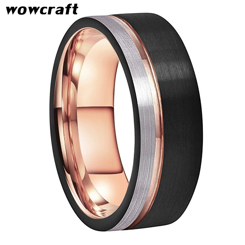 Tungsten Men\'s Rings Black and Rose Gold Wedding Engagement Band Brushed Finish Fashion Jewelry Grooved Ring Sizes 5 to 15