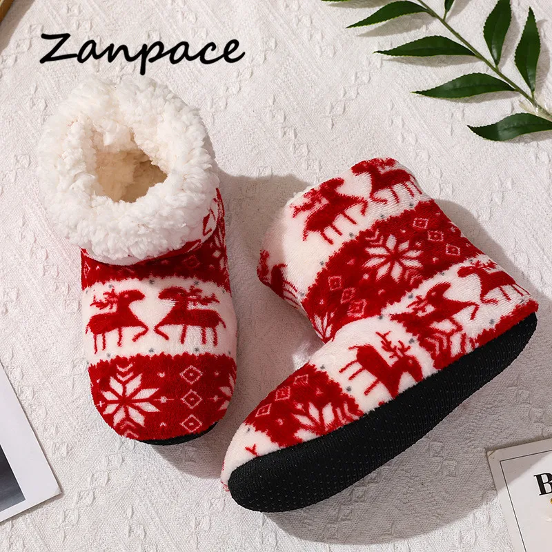 2022 Christmas Winter Furry Slides for Women Indoor Home Soft-soled Flannel Women Shoes Cartoons Elk Slippers Anti-Skid Sole