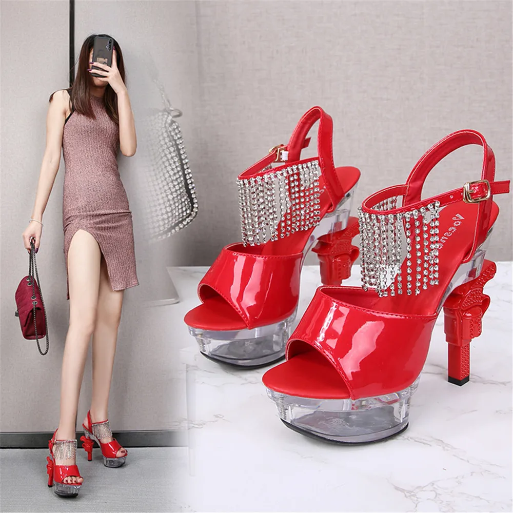 2024 New Sexy Women High Heels Sandals 14 CM Summer Female Transparent Sole Crystal Pumps Big Size 34-43 Gun Heel Wedding Shoes