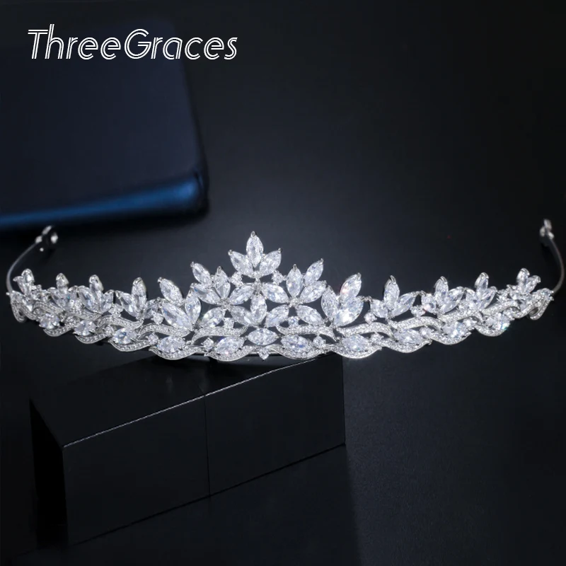 ThreeGraces Sparkling Leaf CZ Crystal Elegant Princess Headdress Wedding Engagement Prom Crown Tiara Jewelry for Brides HA017