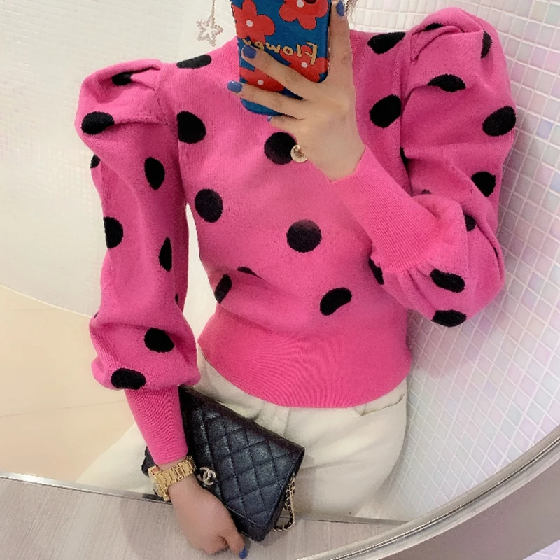 High Quality Runway Fall Fashion Women Hit Color Polka Dot Pullovers Korean Puff Sleeve Casual O Neck Short Sweaters