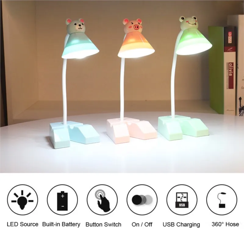 Cartoon Lampshade LED Desk Lamp with Phone Holder Base Push Buttion Switch on / Off USB Charging Table Light Study Room