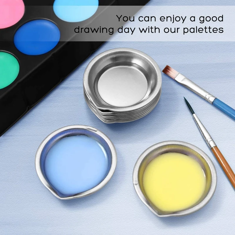 12Pcs Makeup Palette Stainless Steel Small Round Paint Tray Artist Watercolours Paint Mixing Palette Tray for Artist