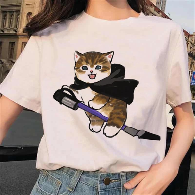 Lovely Summer Kawaii Cat Graphic print ladies T-shirt casual basis O-collar white shirt short sleeve ladies T-shirt,Drop Ship