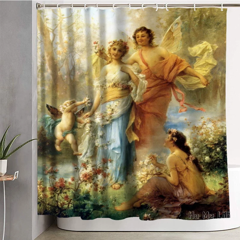 Greek Goddess Myth Cherub Fairy Cupid Putti Angel Garden Roses Renaissance Shower Curtain Bathroom Decor