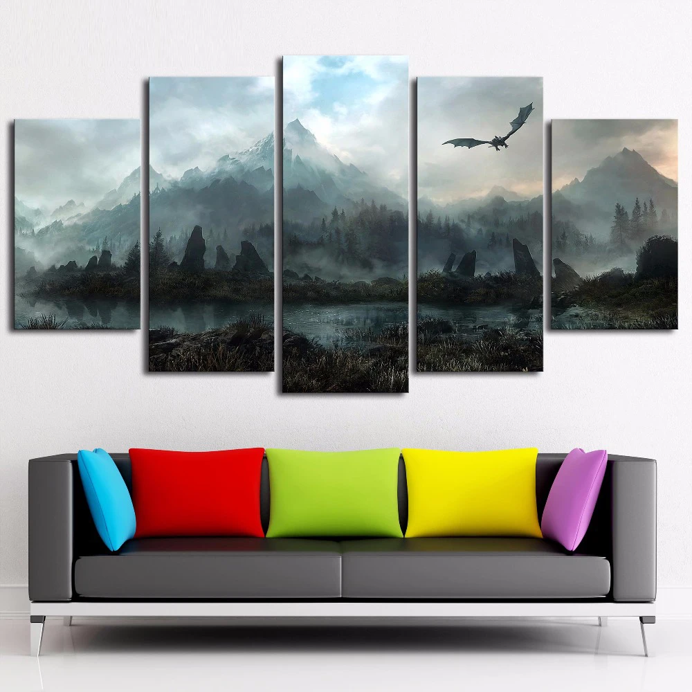 Canvas Wall Art Pictures Home Decor 5 Pieces Game Thrones Dragon Skyrim Paintings For Living Room Modular Prints Poster Frame