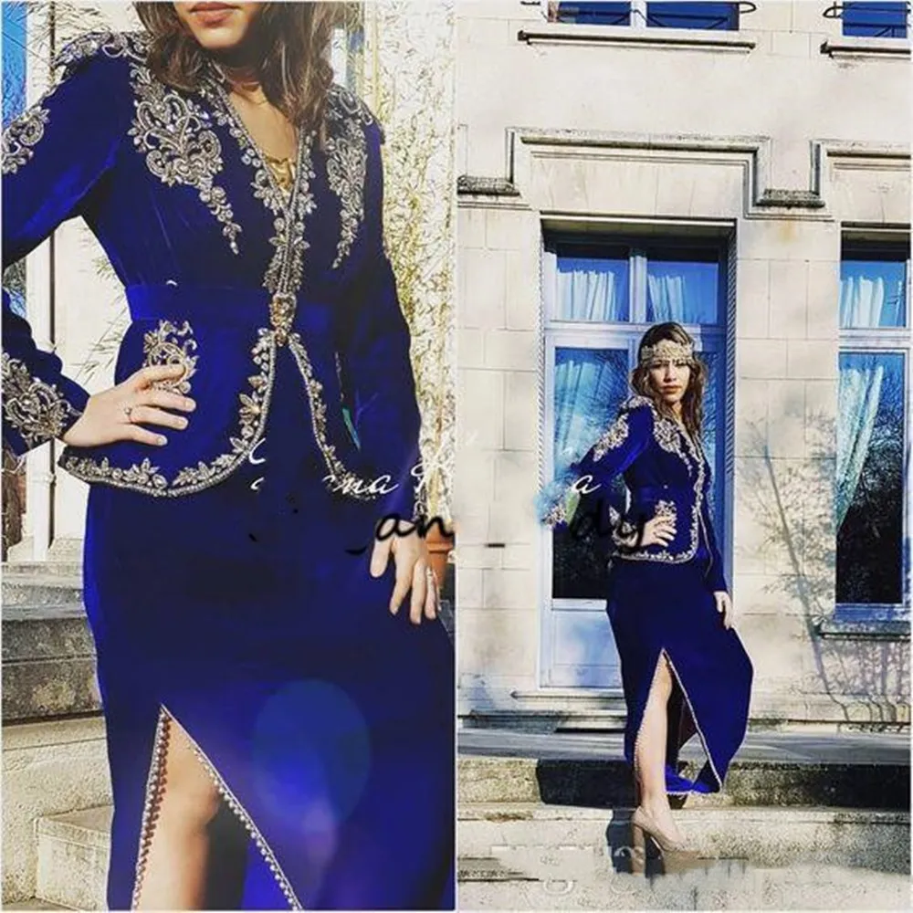 Luxury Sparkly Gold Beaded Muslim Evening Dresses Dubai Kaftan Formal Party Moroccan Royal Blue Prom Dresses Floor-Length Mother