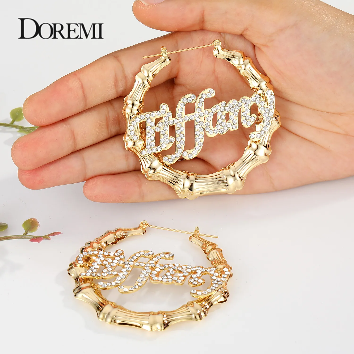 

DOREMI Bling Name Bamboo Earrings Custom Trapezoid Hoop Bamboo Names Earrings Letter Big Personalised Name Earrings Women Gift