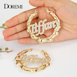 DOREMI – boucles d'oreilles en bambou avec nom scintillant, anneau trapézoïdal personnalisé, grandes lettres, cadeau pour femmes