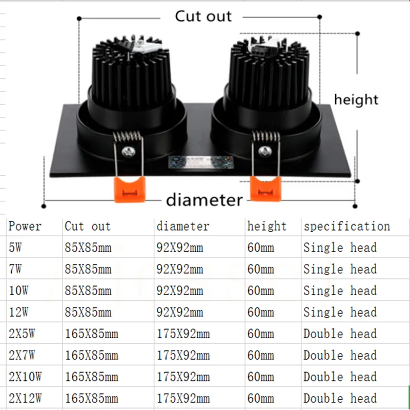 Led typu Downlight kwadratowy sufit z możliwością przyciemniania światła lampka 7w 10w 20w AC85-265V oświetlenie sufitowe do wbudowania oświetlenie