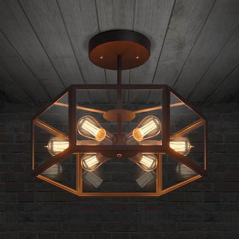 

American industrial retro style creative Cafe restaurant light bar Hexagonal glass ceiling lamp