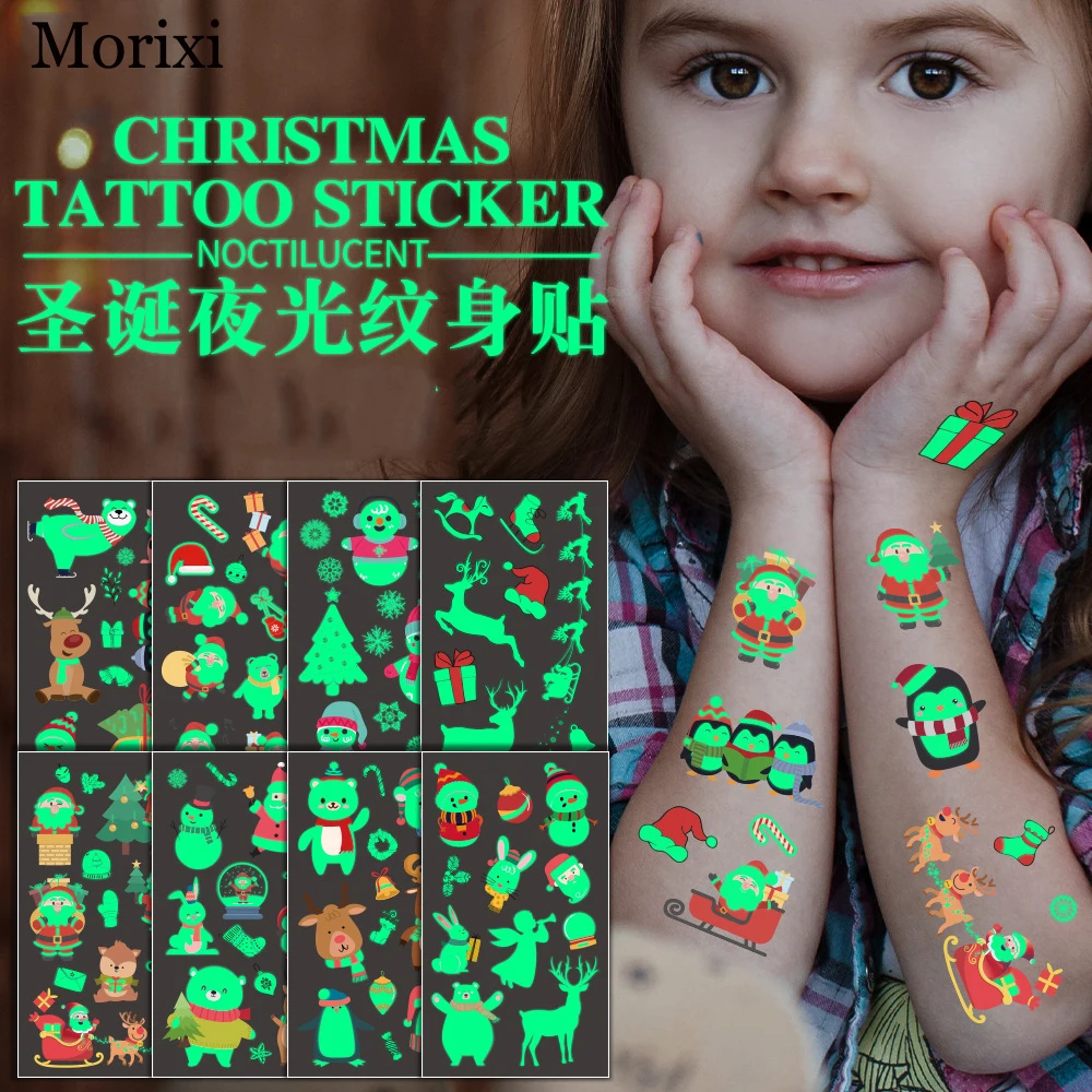 

Luminous body tattoo sticker for kids Christmas Santa Claus tree gift snow man glow in the dark water transfer fake tattoo WM002