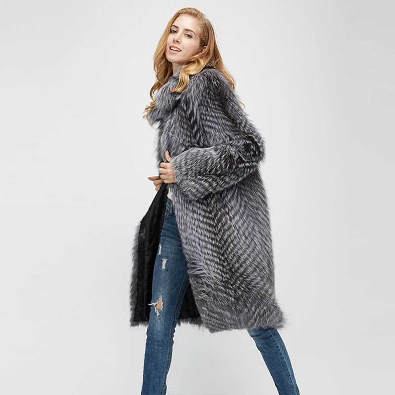 Winter fur coat real silver fox fur long coat female fox fur collar