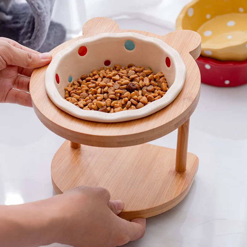 Cute Pets Double Bowl Dog Cat Food Water Feeder Stand Raised Ceramic Dish Bowl Wooden Table Pet Supplies