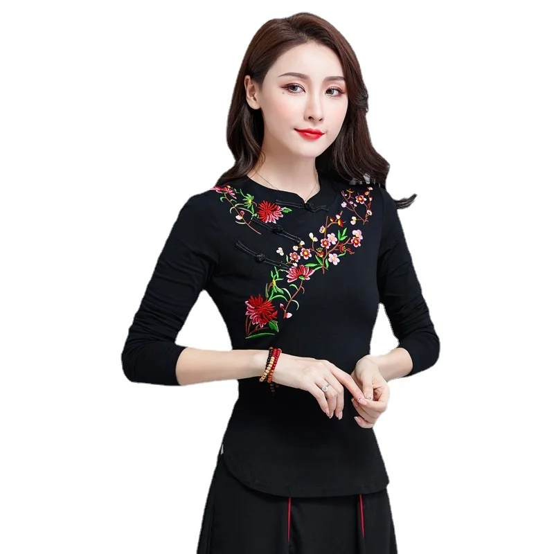 2023 New Embroidery Chinese Style Clothing for Wome Buckle T-Shirt Autumn Winter T-Shirt Vintage Top Tee Woman Clothes Folk G253