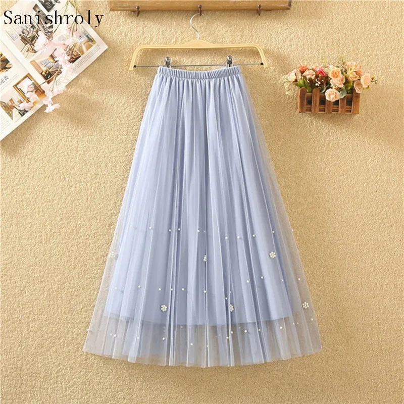 

Sanishroly New Sprint Summer Women Beading Mesh Skirt Elastic High Waist Pleated Skirts Female A-Line Midi Long Lace Skirt SE922