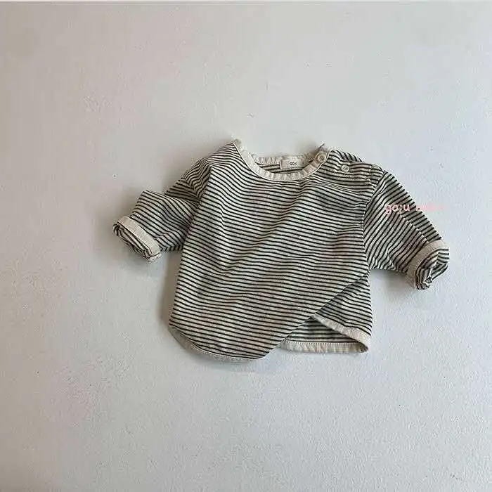 

Korean Infant and Toddler Cotton Soft Striped T-Shirt Baby Practical Wild Buckle Round Neck Bottoming Top