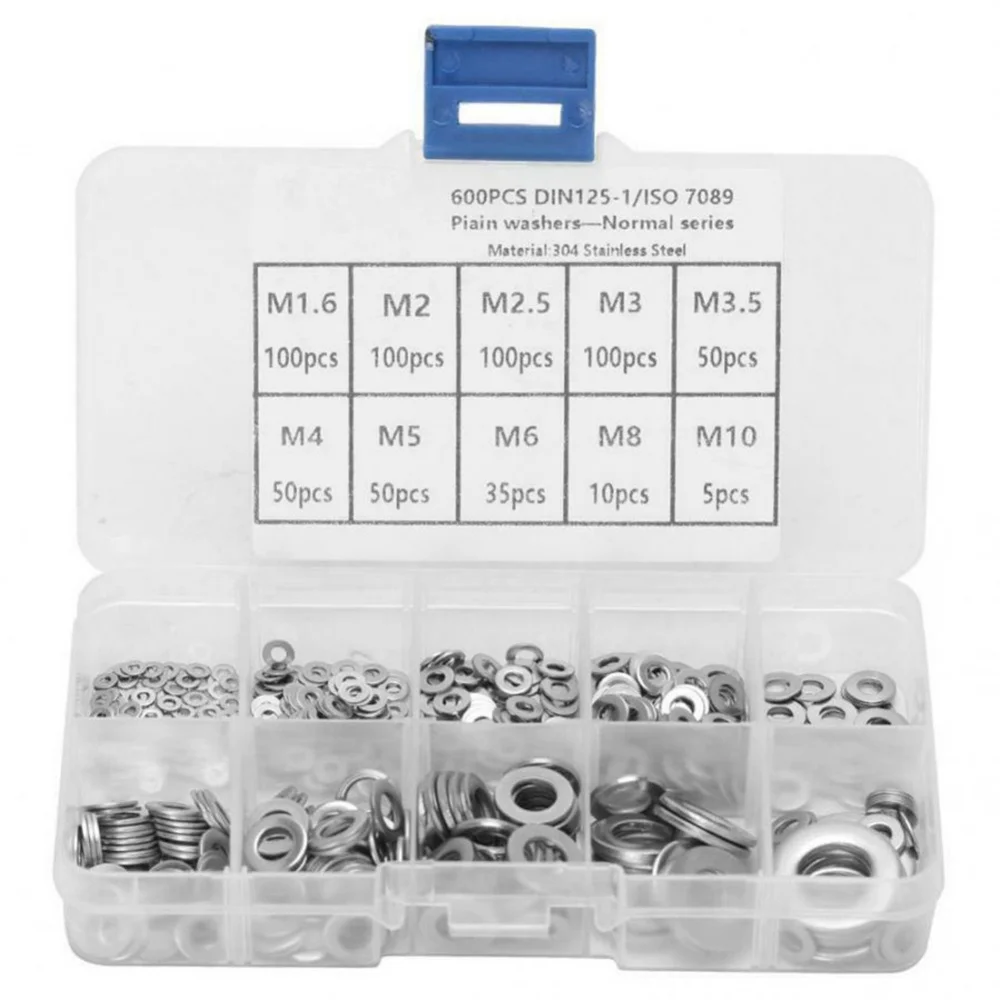 600PCS/Set M1.6 M2 M2.5 M3 M3.5 M4 M5 M6 M8 M10 O Ring Steel Flat Metal Washer Plain Washer Gaskets Spacer Assortment Kit