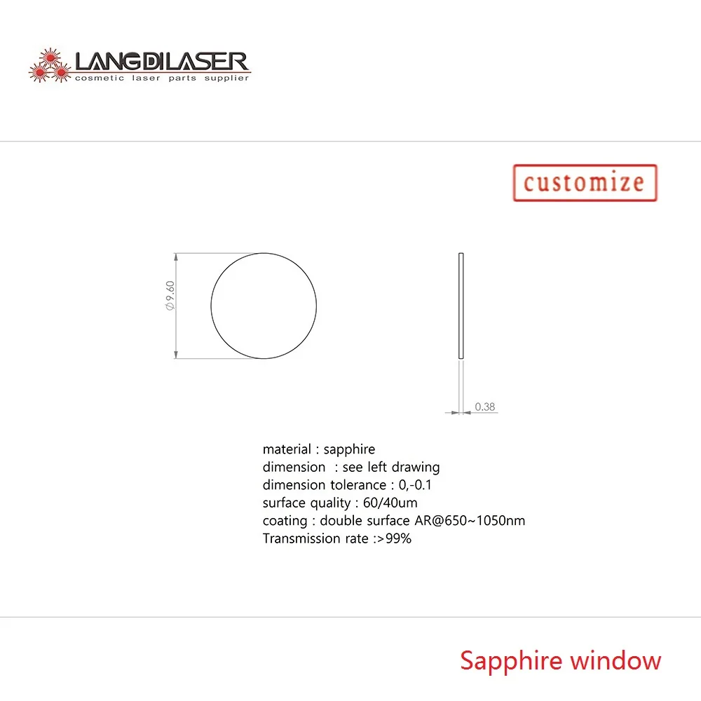 

Size: D9.6*0.38mm / Diode laser window / Both surface film coating AR@650~1050nm / Transmission rate more than 99%