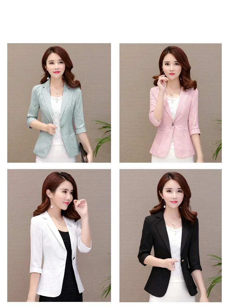 Elegant Women's Stripe 3/4 Sleeve Suit Jacket 2026 Spring Summer Thin Slim Outwear Single Button Female Office Blazer Coat Tops