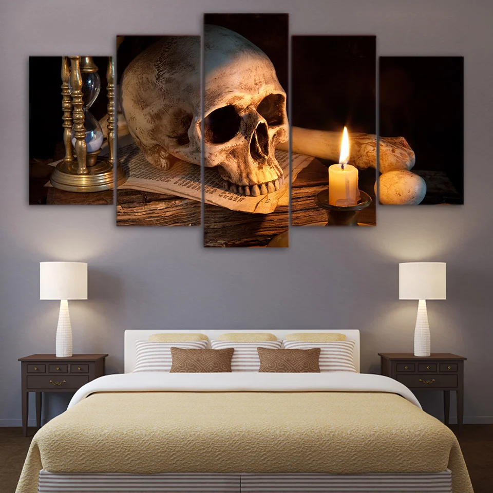 

Wall Art Art Canvas Painting 5 Piece Scary Skull Burning Candle HD Printed Home Decor Canvas Picture Halloween Decoration