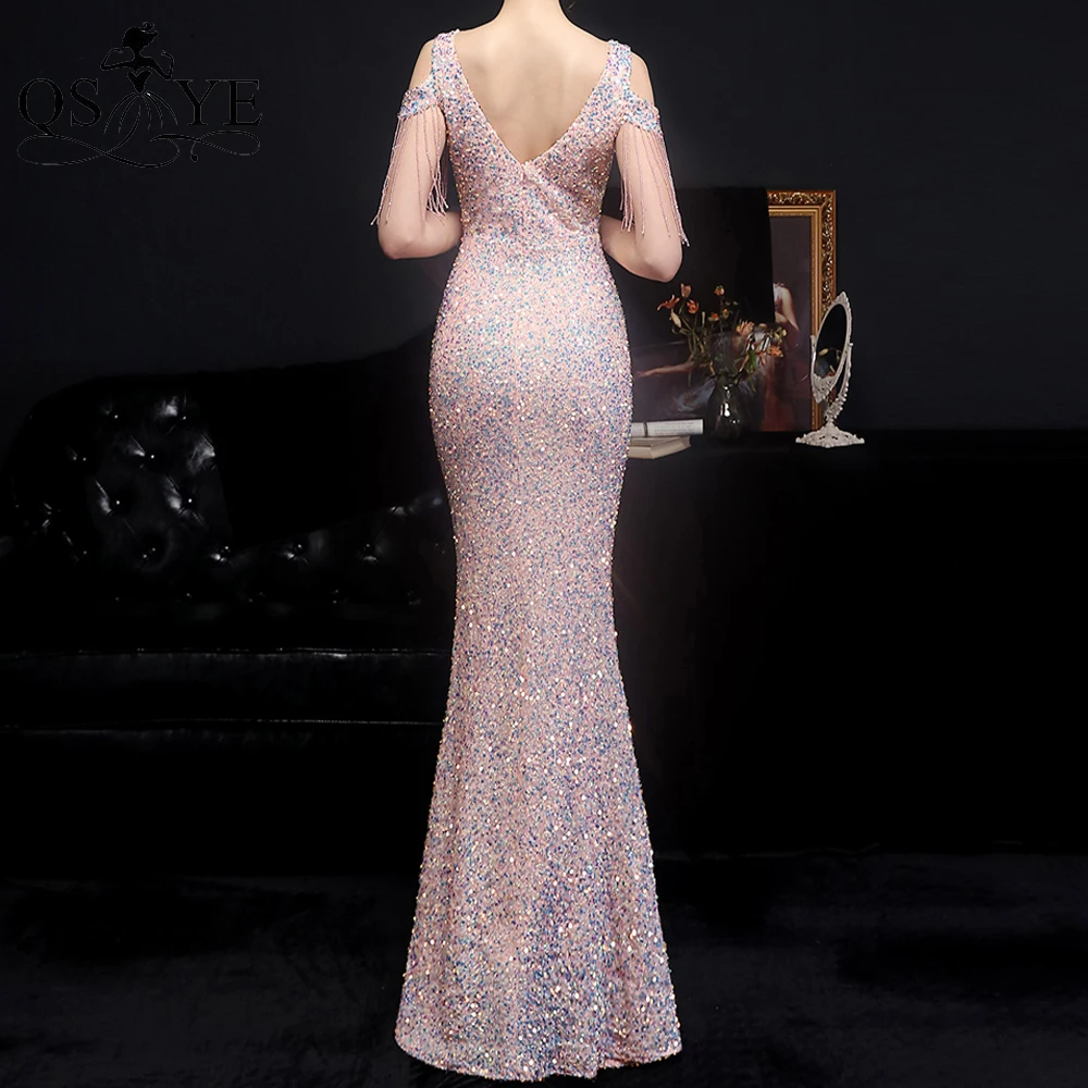 QSYYE Sparkle Pink Evening Dress Sequin Evening Gown Fitted Glitter Shiny Side Sleeves Party Dress Mermaid V Neck Formal Gown