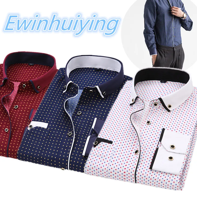 Camisa clássica de manga longa masculina, estampada em bolinhas, Negócios, Casual, Escritório, Resistente à sujeira, Design decote, Magro, Juventude, Roupa diária