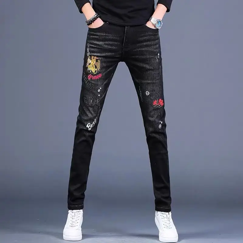 Korea Version Men’s Scratches Black Jeans, High Quality Slim Stretch Jeans,Light Luxury Embroidery Jeans, Sexy Street Jeans;