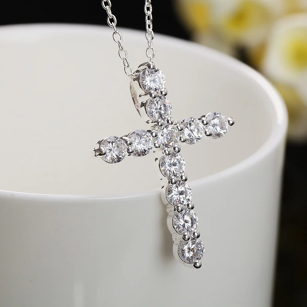 New 925 Sterling Silver Necklace Zircon Cross Pendant Necklace for Woman Men Glamour Jewelry Gift image 2
