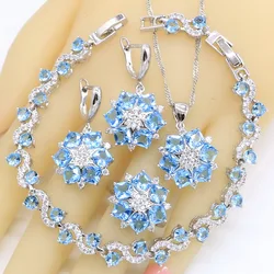 Sky Blue Stones Dubai Wedding Jewelry Sets For Women Bracelet Earrings Necklace Pendant Ring Bridal Birthday Gift