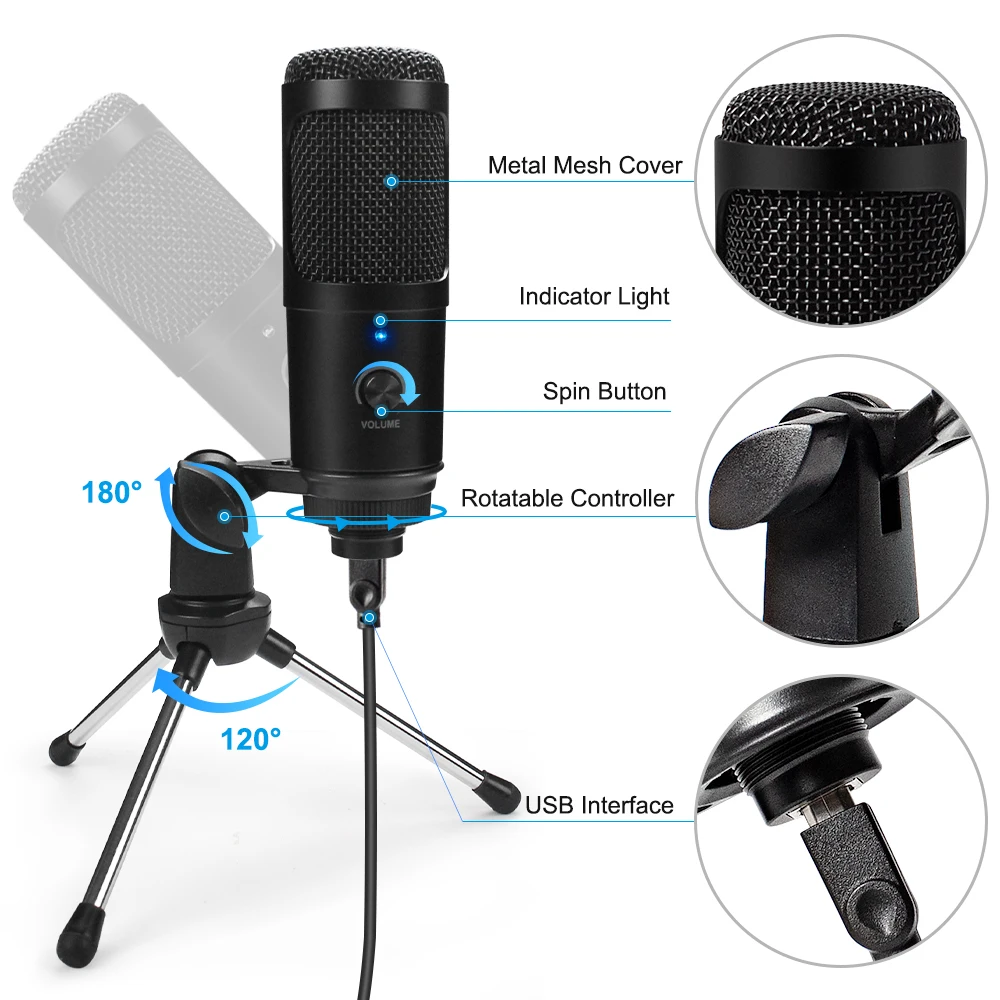 Metal USB Microphone Condenser Recording Microphone D80 Mic with Stand for Computer Laptop PC Karaoke Studio Recording