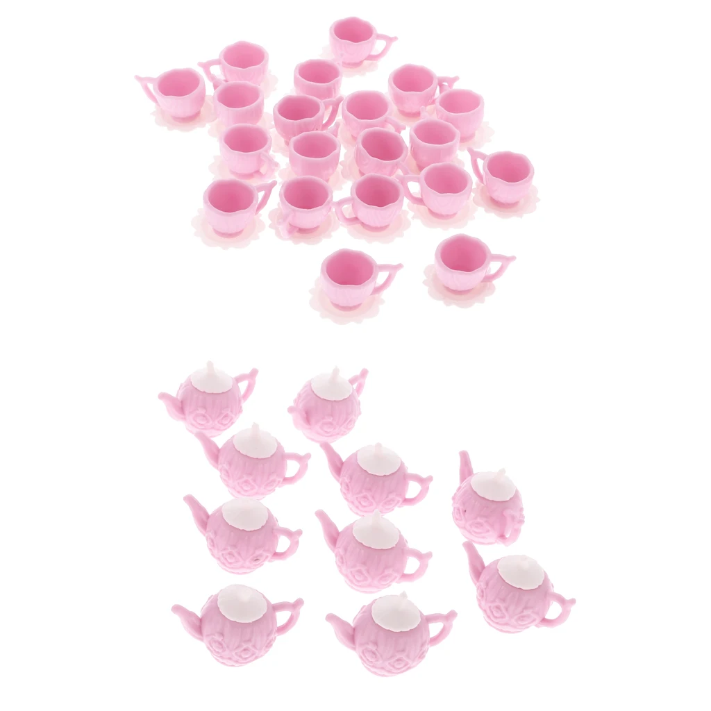 10 Sets Dollhouse Miniature Tableware Accs Plastic Pink Tea Pot with Cups