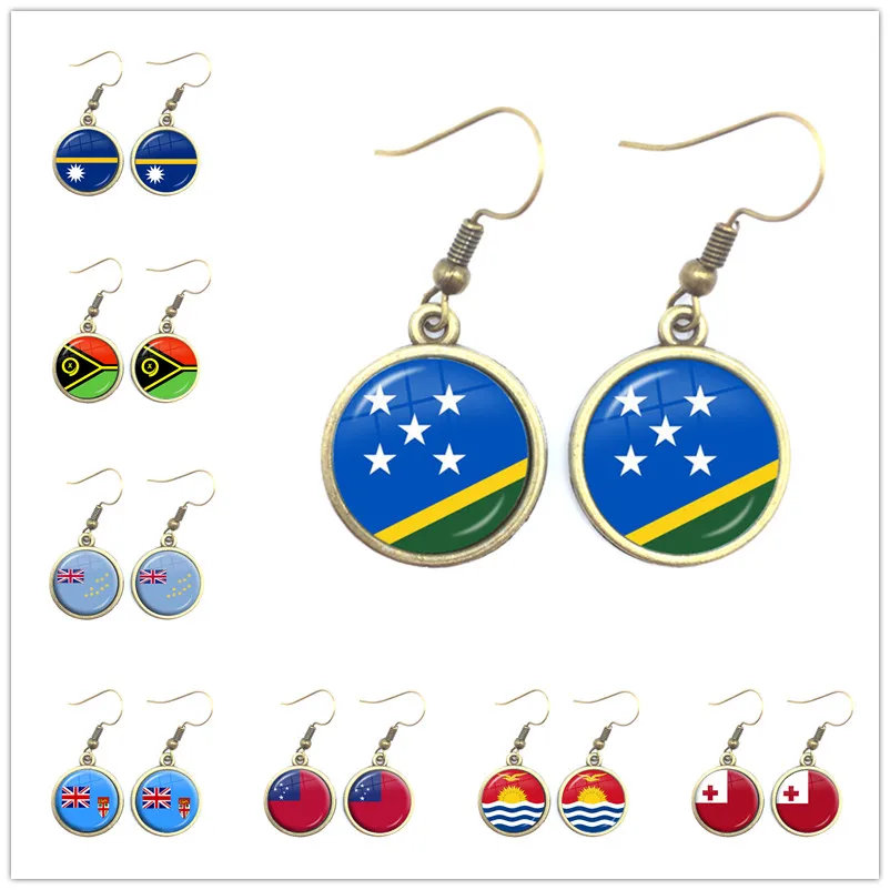 Solomon Islands,Vanuatu,Tuvalu,Fiji,Samoa,Kiribati,Tonga National Flag 16mm Glass Cabochon Drop Earrings Jewelry for Women Gift