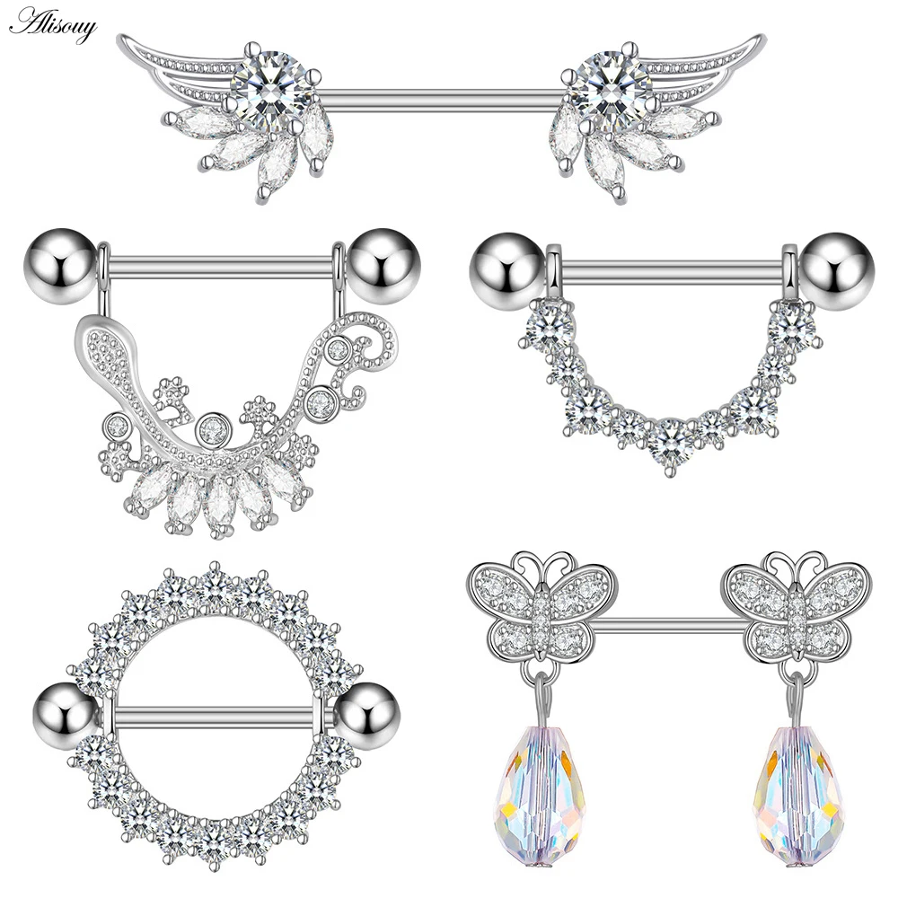 

Alisouy 2pcs Butterfly Wing Gecko Zirconia Crystal Stainless Steel Sexy Women Nipple Ring Shield Barbell Piercing Body Jewelry