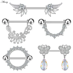 Alisouy 2pcs Butterfly Wing Gecko Zirconia Crystal Stainless Steel Sexy Women Nipple Ring Shield Barbell Piercing Body Jewelry