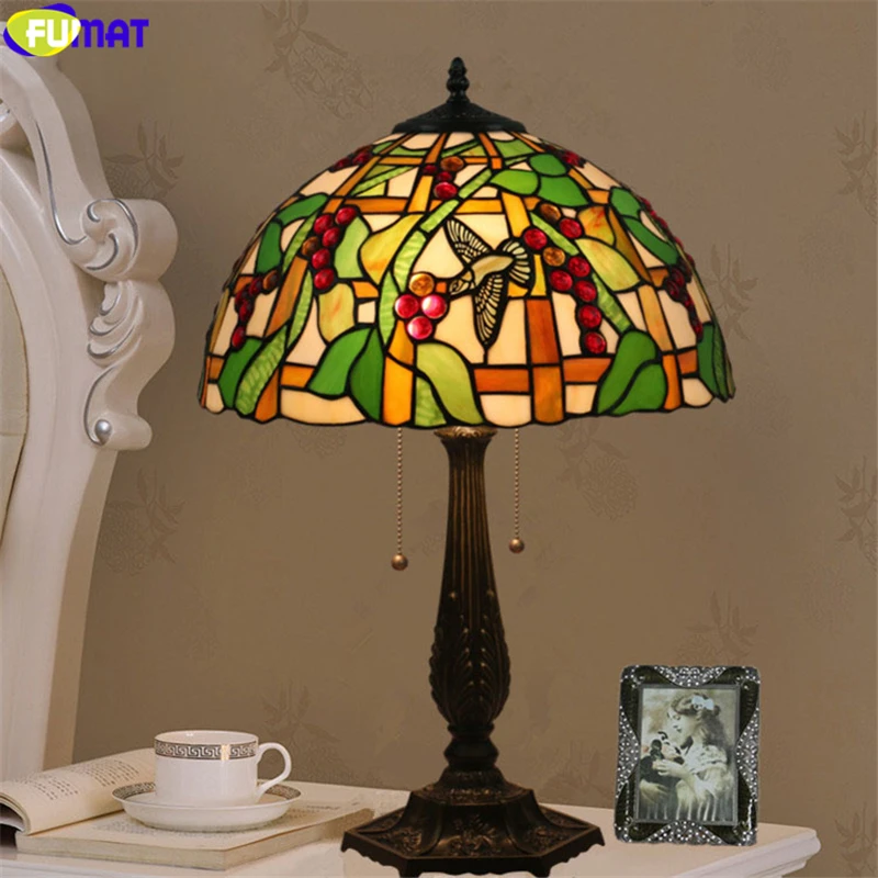 FUMAT Tiffany Table Lamps Grape Hummingbird Stained Glass Table Lights Handcraft Arts Home Decor Alloy Base European Antique LED