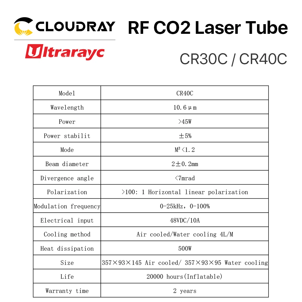 Ultrarayc CO2 RF Laser Tube 30W 40W 10.6um Metal Laser Tube CR30C / CR40C for Co2 Laser Marking Machine Cutting Machine